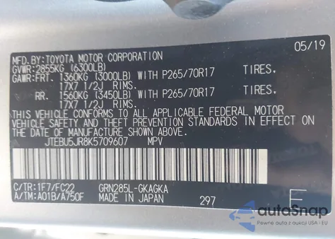 2019 Toyota 4Runner Trd Off Road from USA, damaged, VIN JTEBU5JR8K5709607